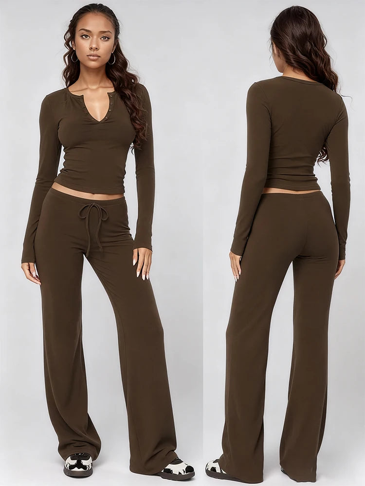 Women's Solid Color Two-Piece Pajamas Set Long Sleeve Pullover Comfortable Shirt Drawstring Waist Cinching Pants Loungewear