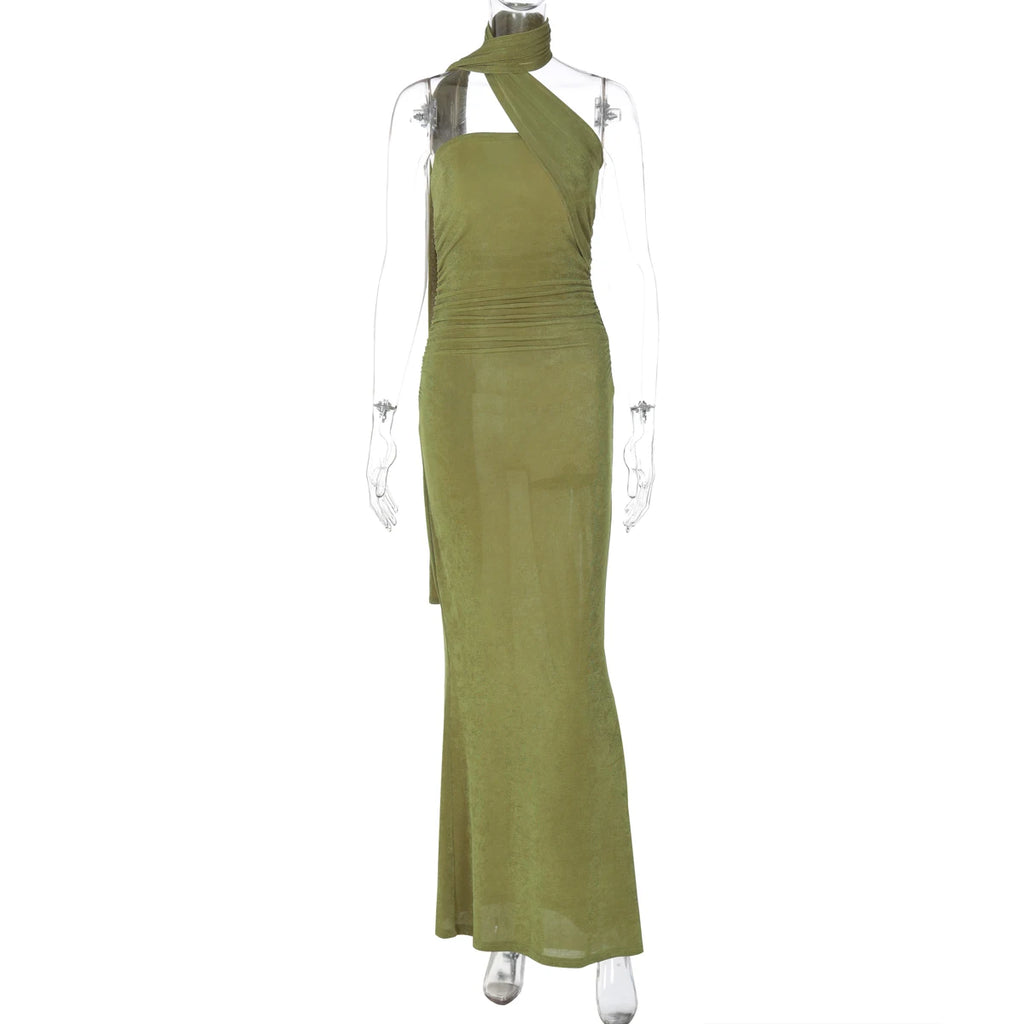 Hugcitar Halter Solid Sleeveless Backless Ruched Sexy Bodycon Maxi Prom Dress Summer Women Elegant Outfit Evening Party Birthday