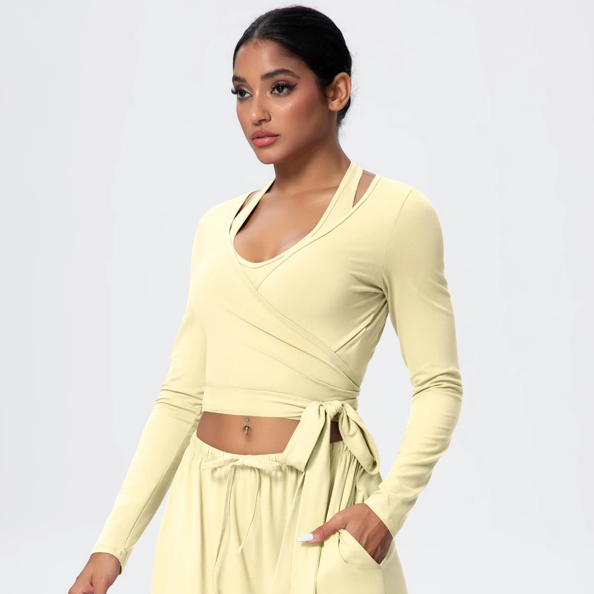 Women Slim Breathable Sports Top Women Active Wear Sports Yoga Long Sleeved Solid Color Running Shirts Straps Design Yoga Top