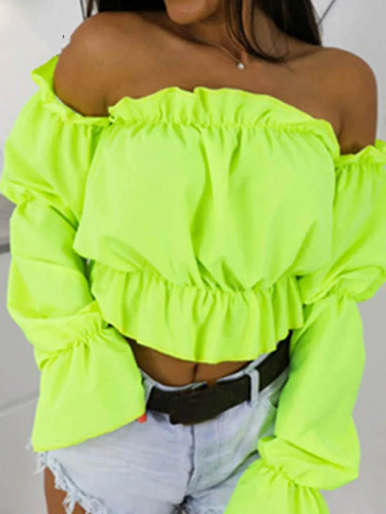 Candy Color Off Shoulder Crop Tops women Summer dot print lantern sleeve shirts Lady Sexy Slash neck beach blouse