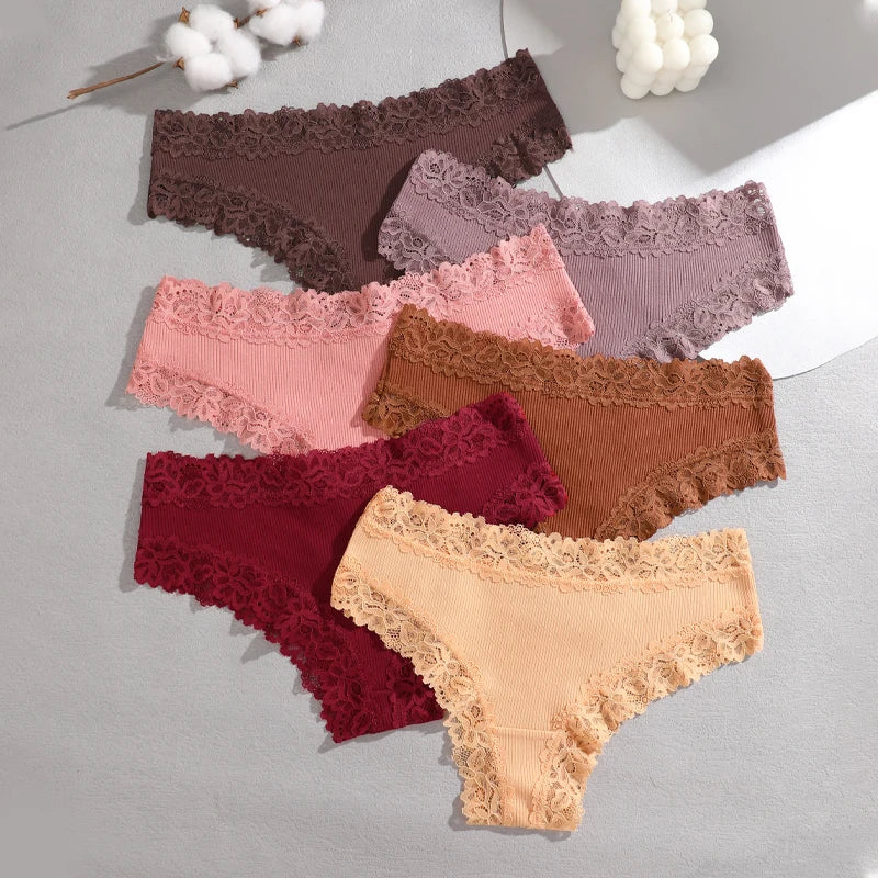4PCS/Set Cotton Floral Lace Underpants for Women Sexy Striped Low-Waist Panties Girls Comfortable Briefs Trendy T-back Lingerie