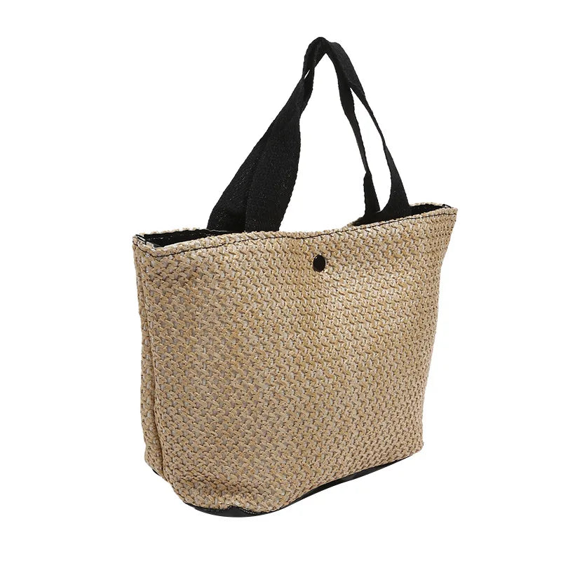 Trendy Straw Handbag Women's Woven Beach Bag Casual Snap Button Satchel Bag Small Braided Shoulder Bag For Travel Beach Trip