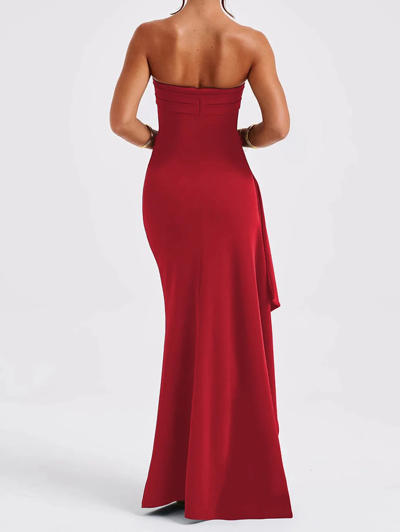 2025 spring new elegant temperament solid color strapless shoulder tight waist high slit little dress dress