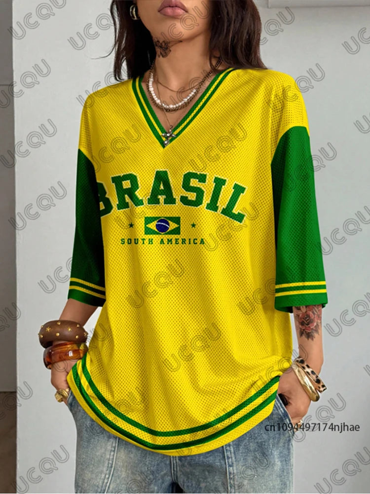 Summer New Brazil Print T Shirt For Women V-Neck Patchwork Short Sleeve Sports Football Jersey Y2K Loose Oversized Vintage Tops