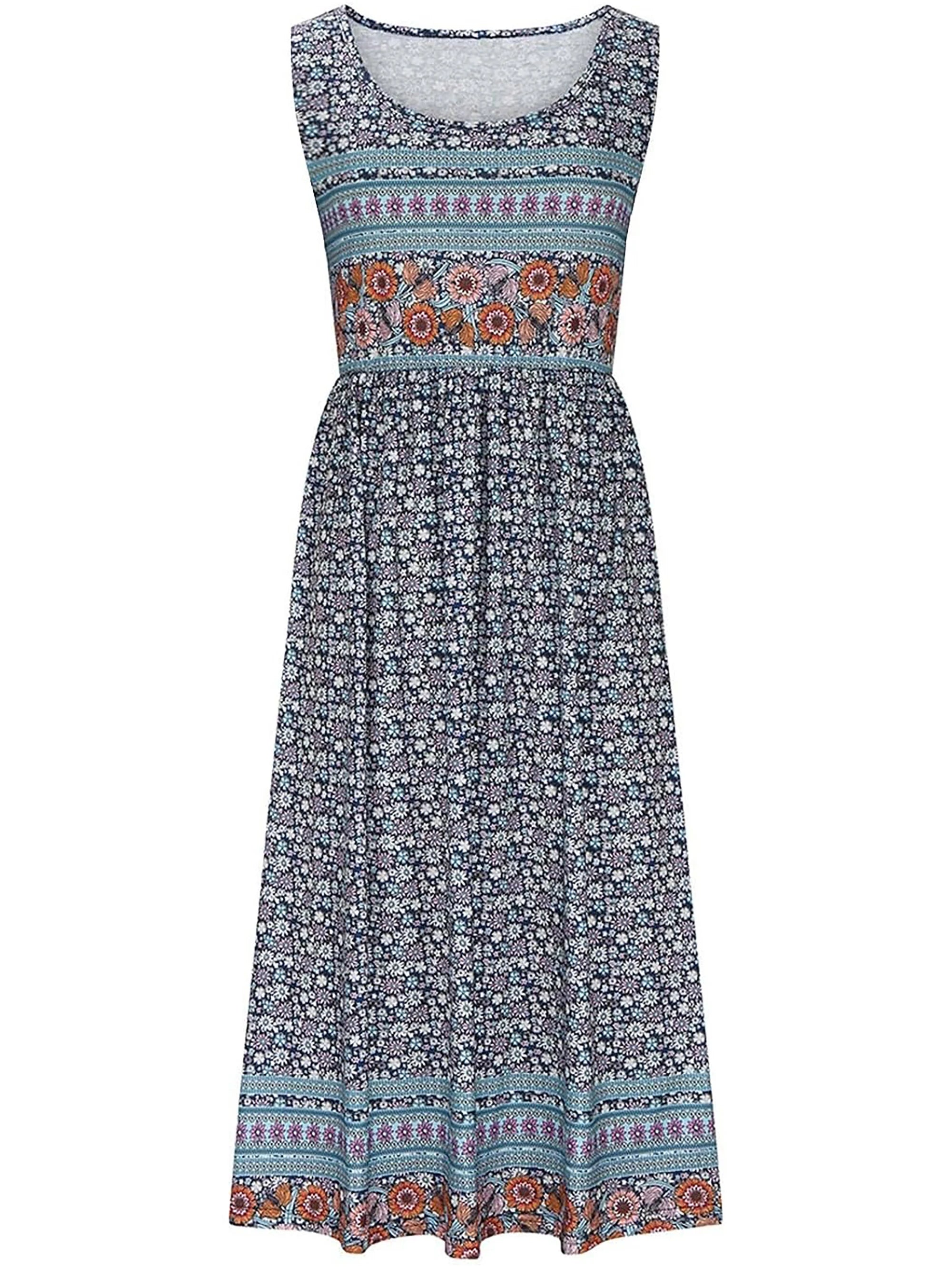 2025 summer new! Women's sleeveless Bohemian floral casual beach MIDI sundress with pockets flowing and loose