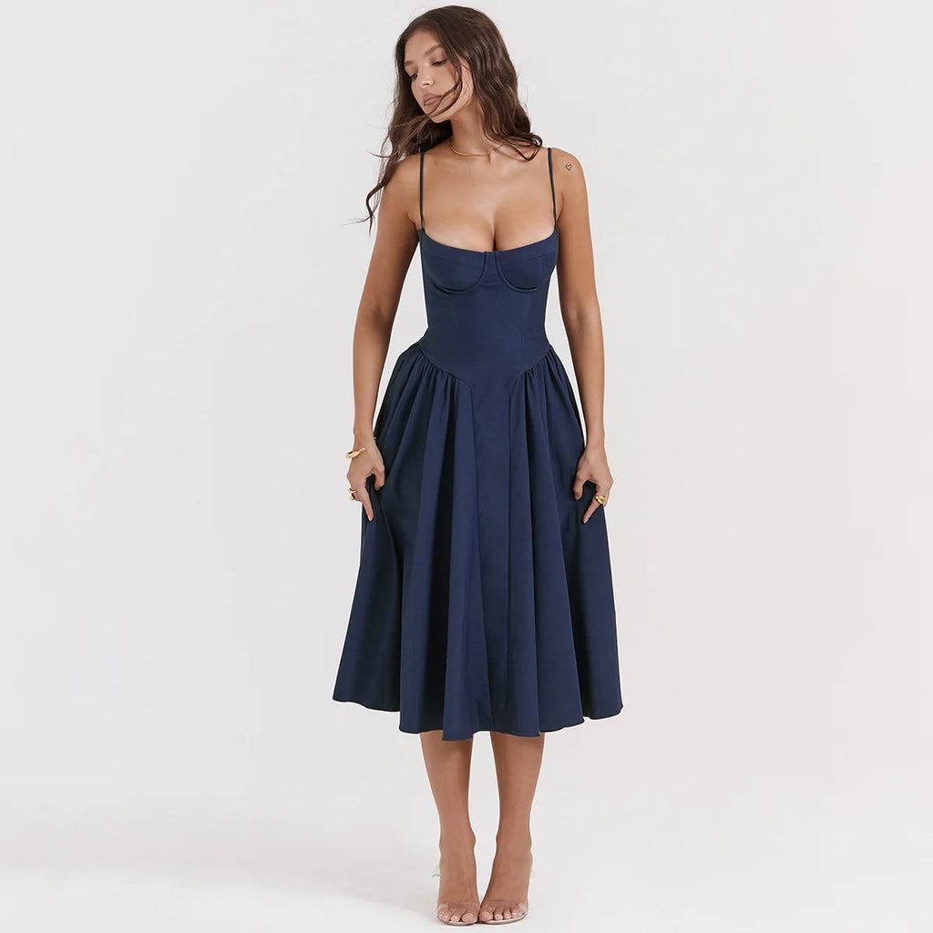 Summer Women Elegant Sleeveless Backless Pleated Dresses Lady Sexy Solid Sling Midi Dress 2024 Female Party Evening A-line Robes