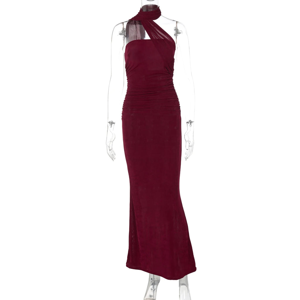Hugcitar Halter Solid Sleeveless Backless Ruched Sexy Bodycon Maxi Prom Dress Summer Women Elegant Outfit Evening Party Birthday