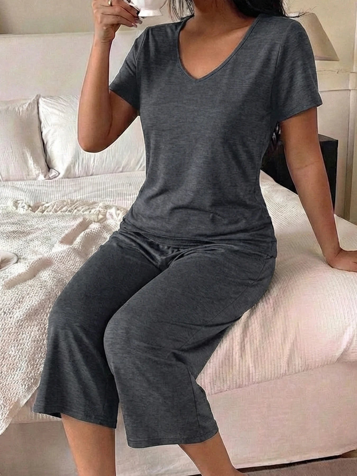 Womens Super Soft Pajama Sets Short Sleeve Top With Capri Pants Sleepwear 2 Piece Lounge Set