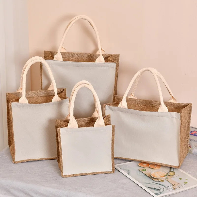 Retro single-shoulder linen bag for shopping as a gift. Yellow linen bag with printed pattern. Hand-held linen bag.