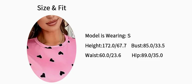 Women Summer Sleepwear Heart Print Pajama Set Short Sleeve Top and Elastic Waistband Pants for Comfortable Sleep and Lounging