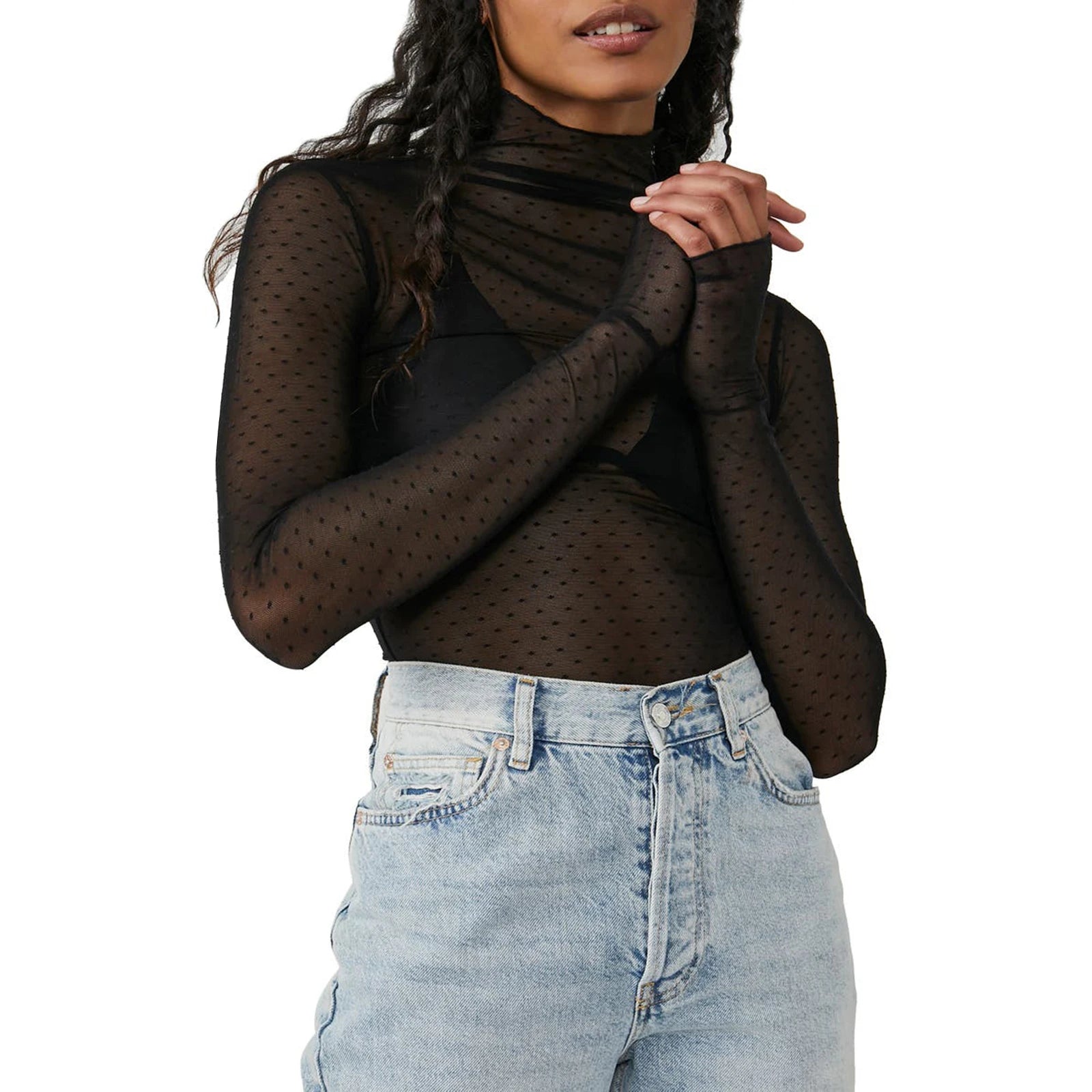 Women Sheer Mesh T-Shirts Mock Neck Long Sleeve Crop Tops Retro See Through Shirt Fairycore Grunge Tees