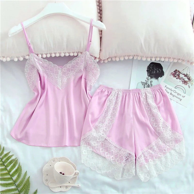 Sexy Lace Splicing Suspender Loose Shorts Two-Piece Pajama Set For Women