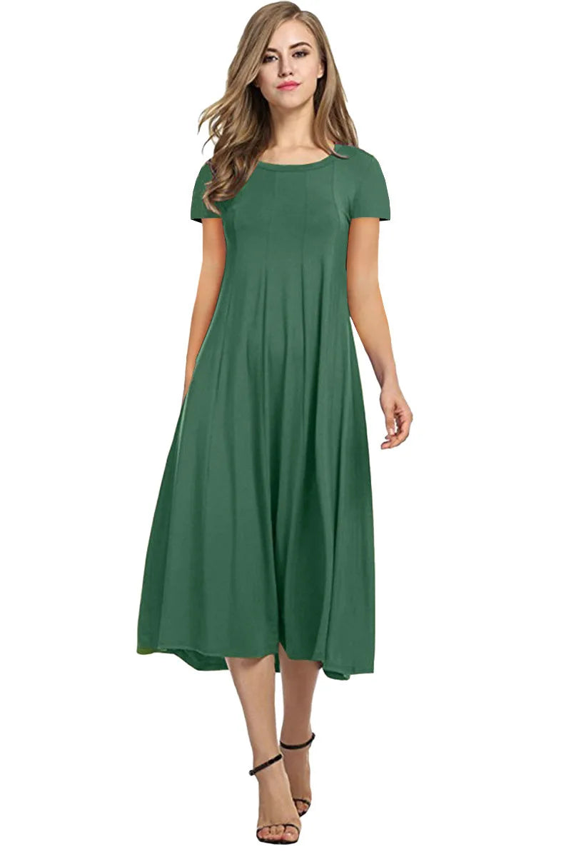 2024 Summer Women's Top Selling Round Neck Short Sleeve Solid Color Flare Dress