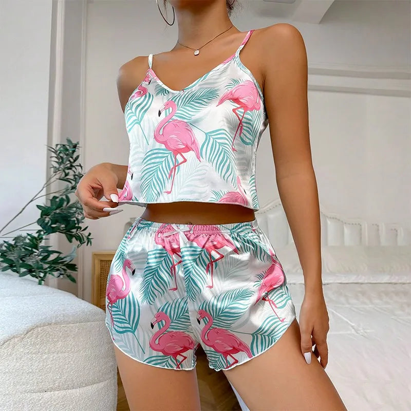 Heart Print Satin Pajama Set for Women Sexy V Neck Sleepwear Summer Cami Tops and Shorts Pajamas 2 Piece Loungewear Home Clothes