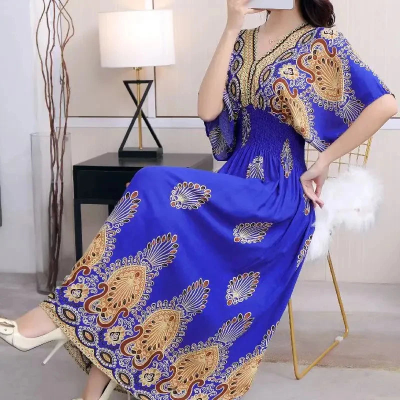 Colorful Flower V-neck Elastic Youthful Bohemian Sweet Midi Dress Woman Clothes Chic Fashion Summer Dresses 2025 Large Swing Ski