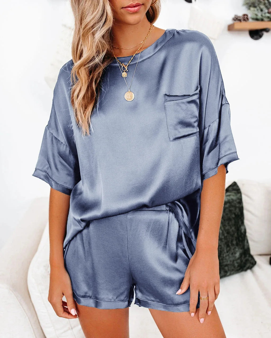 2024 European and American Spring New Solid Color Silk Like Pajamas Home Furnishing Short Sleeve Shorts Irregular Two Piece Set