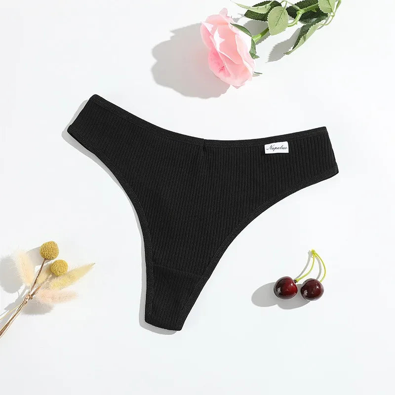 6Pcs/Set Women Cotton Thongs Female Ribbed Panties Low Rise G-String Sexy Underwear Solid Color Bikini Soft S-XL Intimates