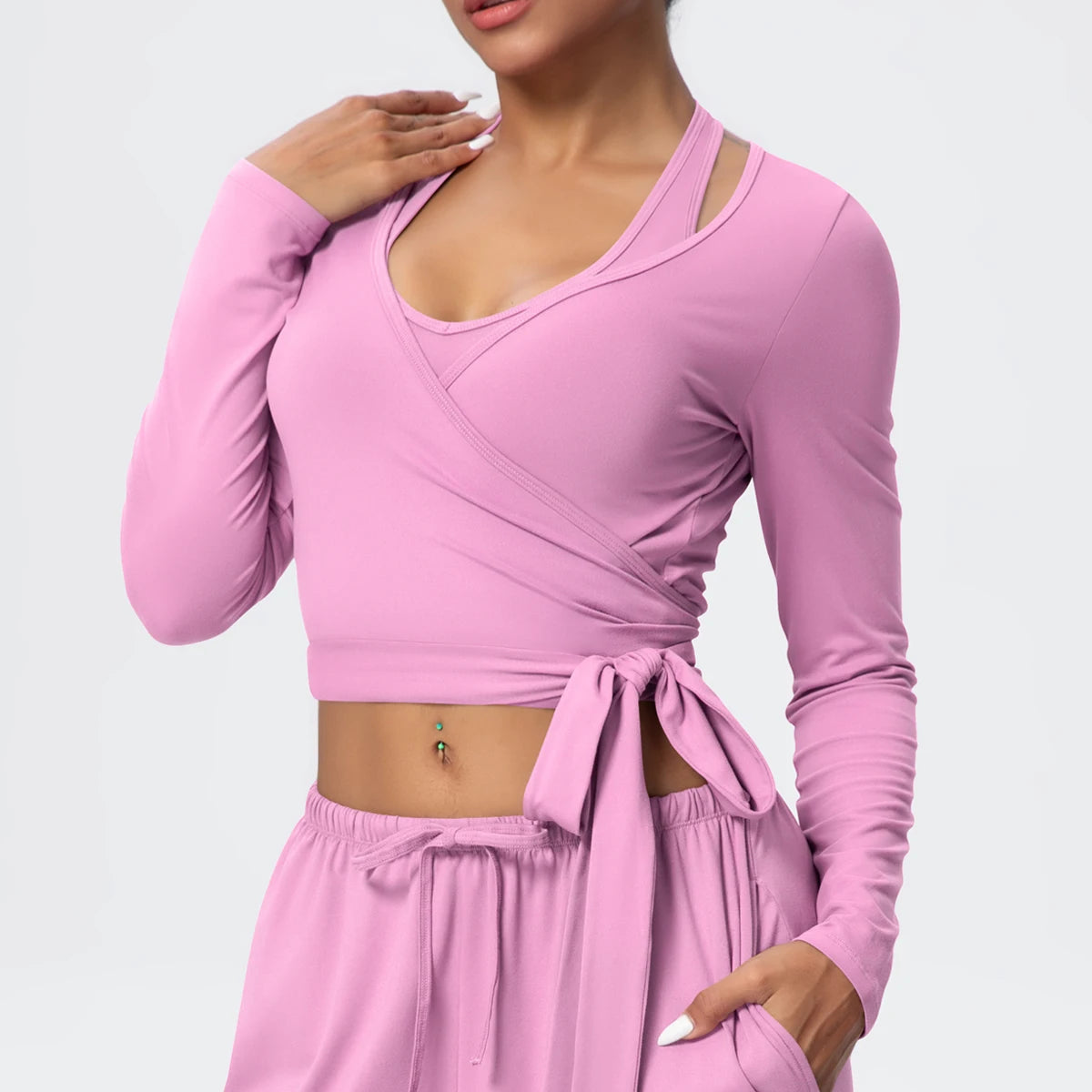 Women Slim Breathable Sports Top Women Active Wear Sports Yoga Long Sleeved Solid Color Running Shirts Straps Design Yoga Top