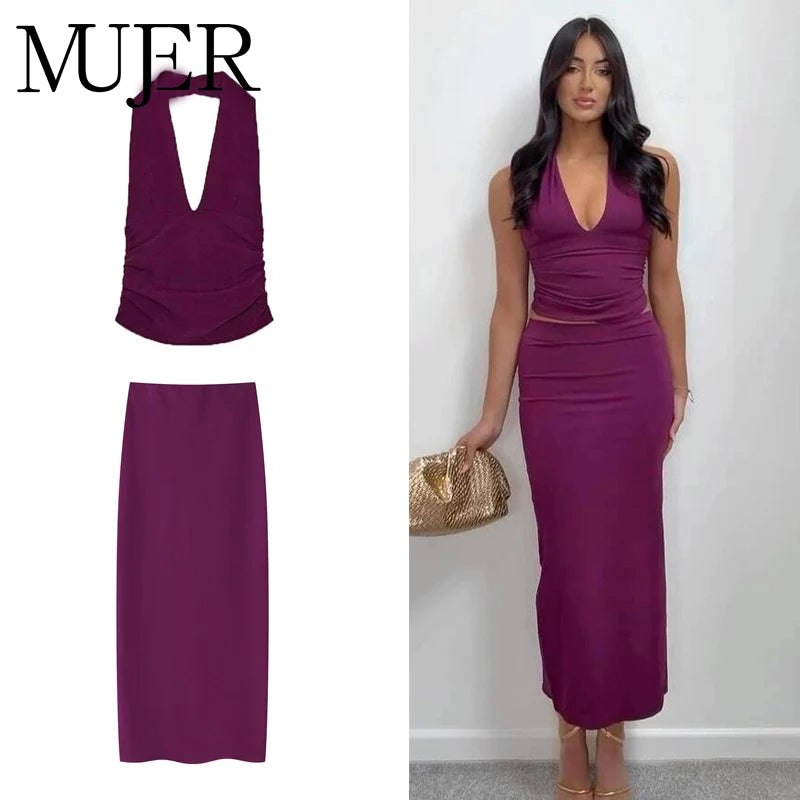 MUJER 2025 Women's Skirt 2 Piece Set Halter Crop Top Female High Waist Midi Skirts Sets for Women Backless Tops Two Piece Outfit