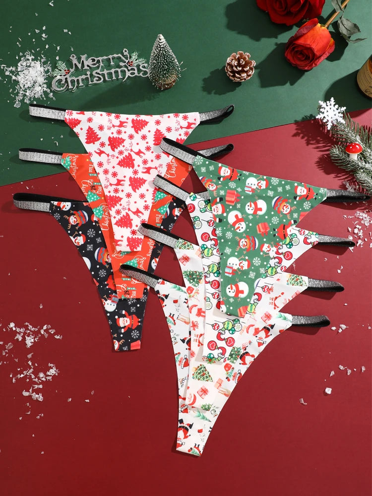 5PCS/Lot Seamless Ice Silk Thongs Women's Christmas Theme Underwear Sexy Rhinestone Waist Panties Santa Claus Printed Lingerie