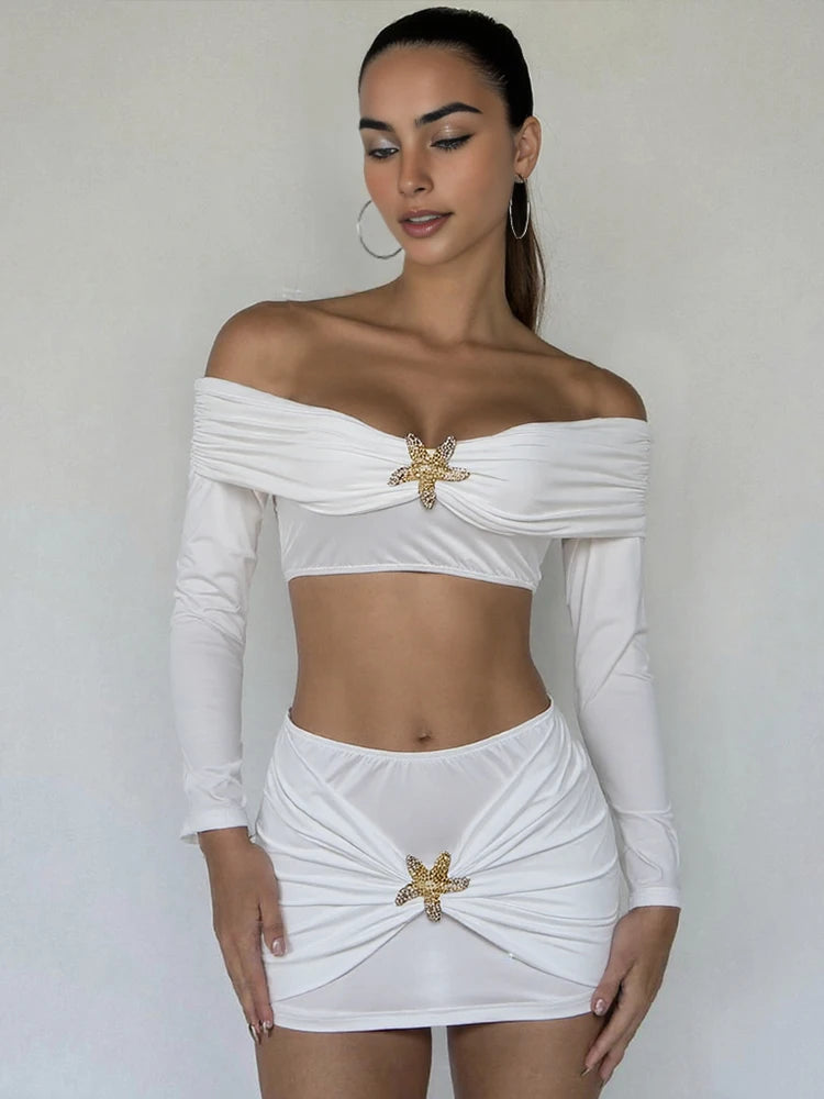 Nibber Hipster Metal Starfish Decoration 2 Piece Set Women Slash Neck Backless Crop Tops+Ruched Mini Skirt Street Elegant Suit