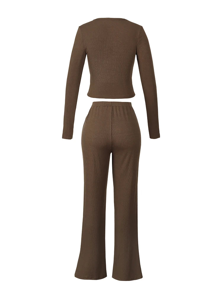 Women's Solid Color Two-Piece Pajamas Set Long Sleeve Pullover Comfortable Shirt Drawstring Waist Cinching Pants Loungewear
