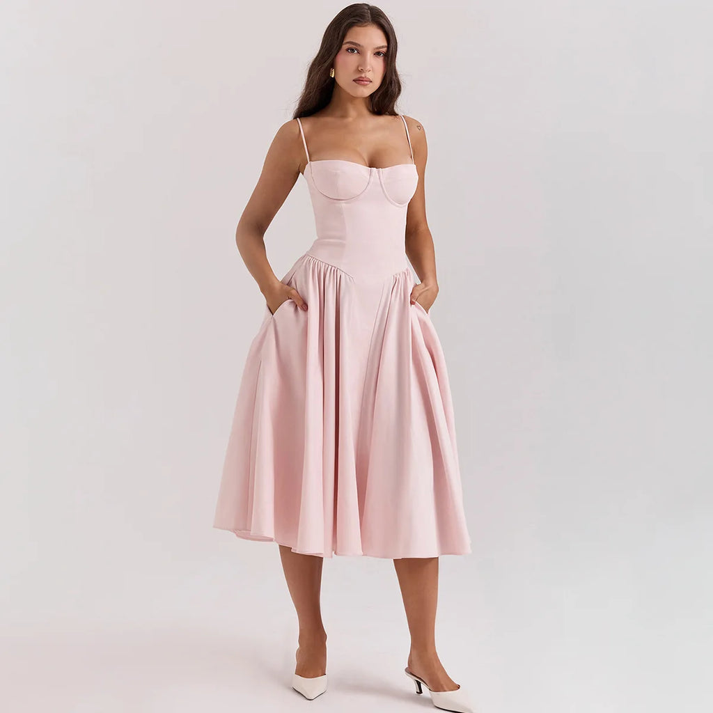 Summer Women Elegant Sleeveless Backless Pleated Dresses Lady Sexy Solid Sling Midi Dress 2024 Female Party Evening A-line Robes