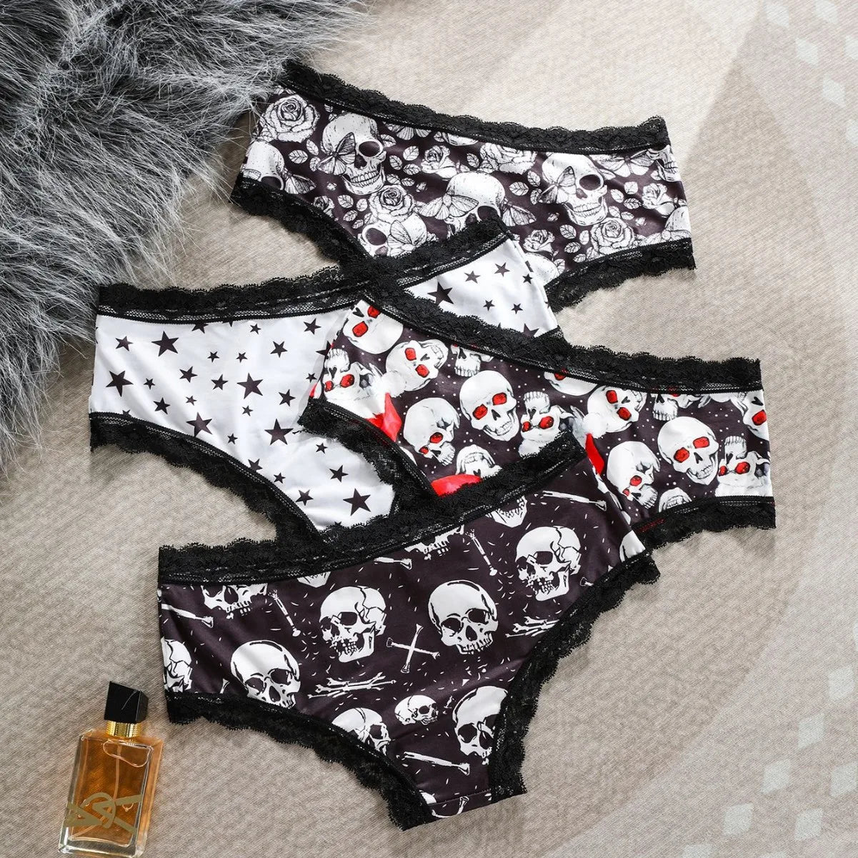 Halloween Skull star printed women's panties, lace patchwork mid-waist, ice silk, seamless and breathable