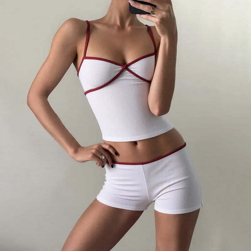 2026 new summer women's clothing pure desire spicy girl V-neck tank top contrasting color casual simple versatile shorts set Y2K