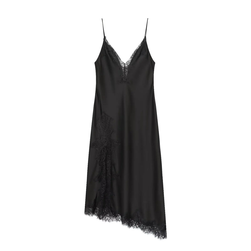 HH Fashion Soild Asymmetric Lace Satin Dress For Women's Sexy V-Neck Sleeveless Backless Slit Evening Party Slip Midi Dress