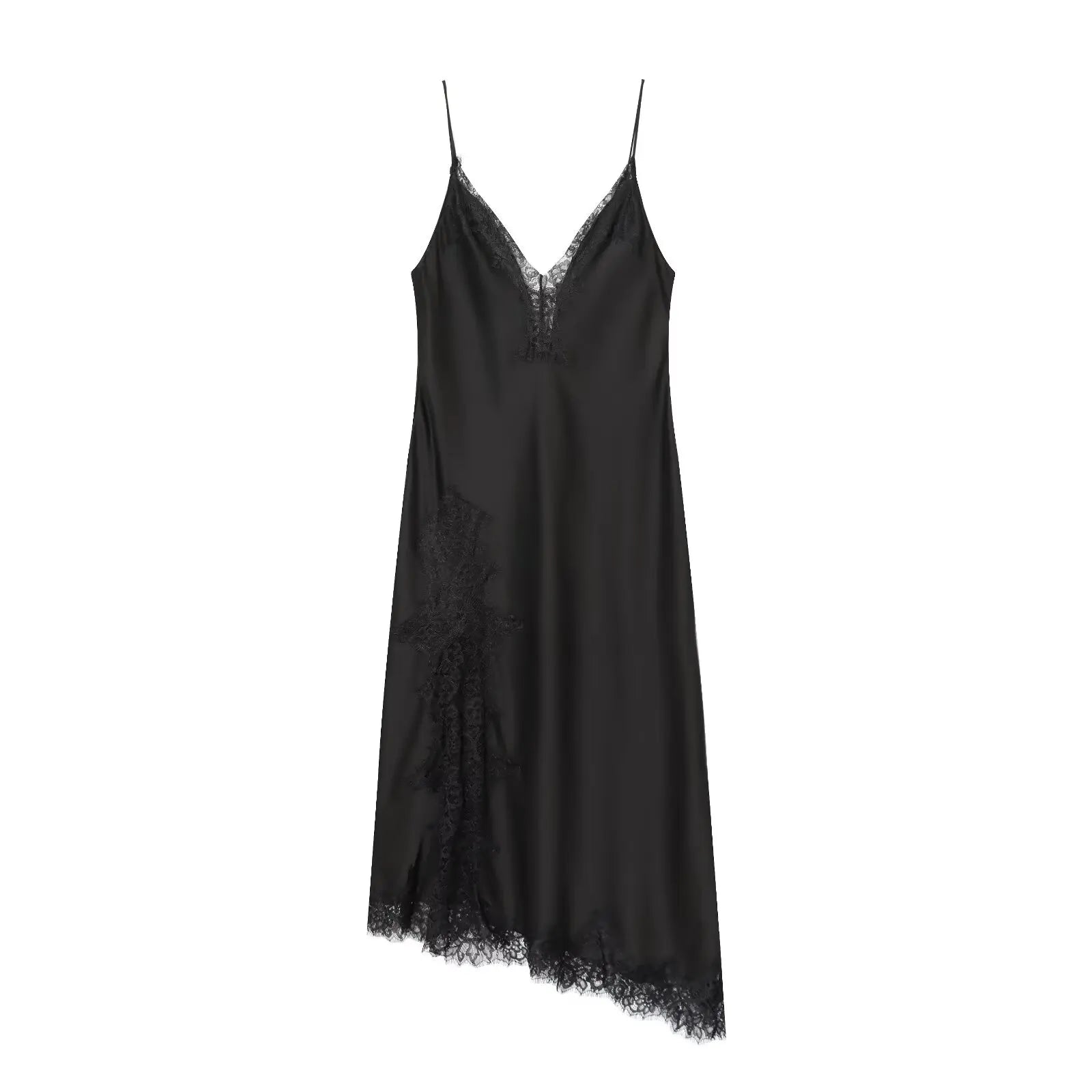 HH Fashion Soild Asymmetric Lace Satin Dress For Women's Sexy V-Neck Sleeveless Backless Slit Evening Party Slip Midi Dress