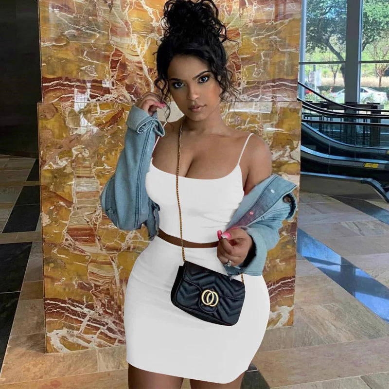 2 Pieces Sets Women Summer Strap Cropped Tops and High-waisted Skirt Suits Sexy Club Solid Bodycon Mini Skirts Casual Camis