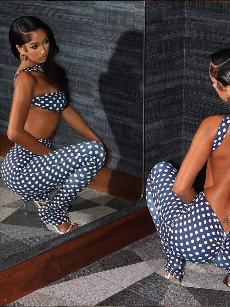 Sisterlinda Women Backless Tracksuit Dot Print Sexy 2 Piece Set Halter Tank Tops+Leggings Matching Streetwear Stretch Outfits