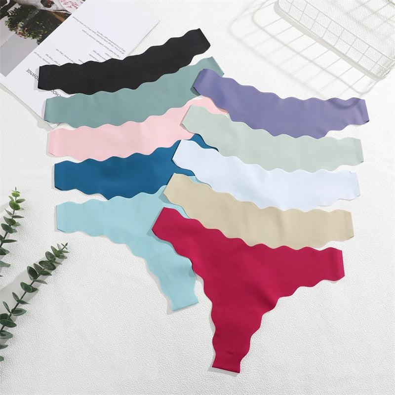 4Pcs Seamless Invisible Thongs Underwear for Women Low Waist Sexy Wave Belt T-Back Breathable Stretchy G-String Panties Lingerie