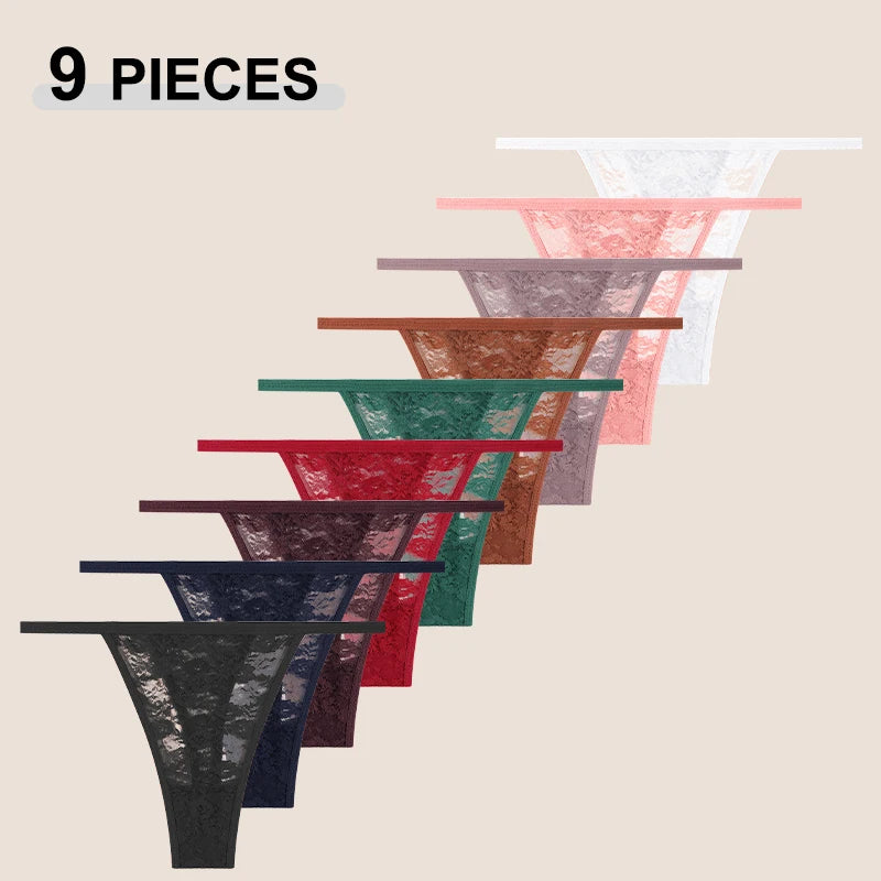 FINETOO 9Pcs Perspective T-Back Thongs Women Sexy Low Rise G-Strings Breathable Underpants Female Lace Floral Intimates Lingerie