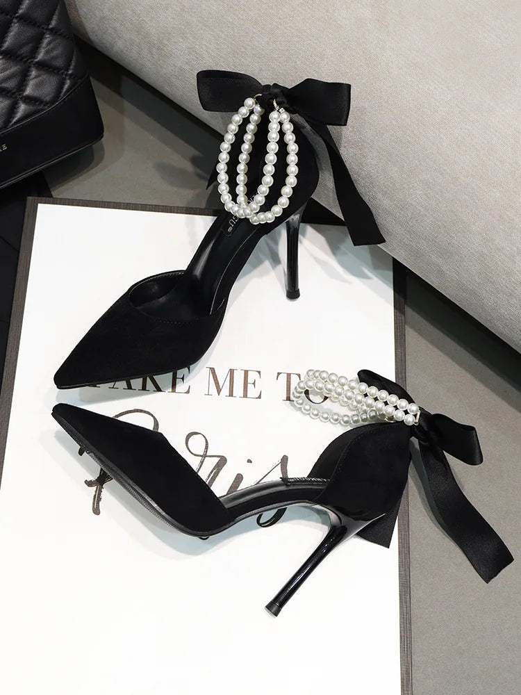 2026 Black Women's Pumps Summer New Brand Design String Bead Pearls Wedding Bridal High Heels Sexy Pointed Toe Party Dance Shoes