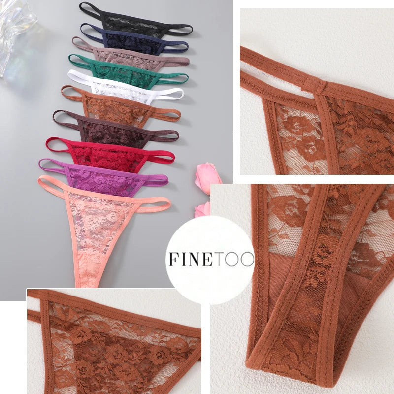 FINETOO 9Pcs Perspective T-Back Thongs Women Sexy Low Rise G-Strings Breathable Underpants Female Lace Floral Intimates Lingerie