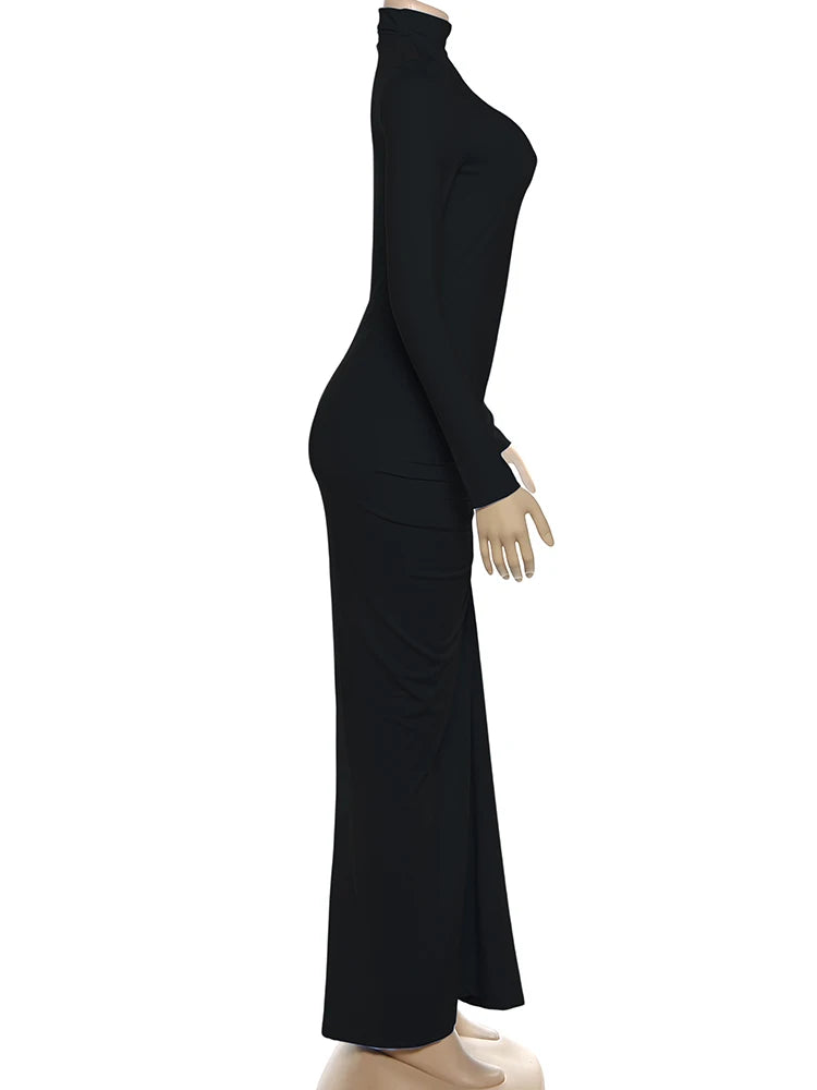 Sisterlinda Autumn New Style Long Dress Woman Turtleneck Full Sleeve Skinny High Stretch Daily Casual Fashion Elegant Vestidos