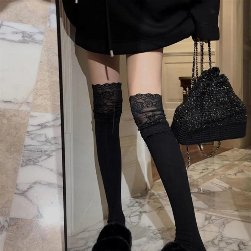 Fashionable Sexy Lace Patchwork Casual Winter Warm Solid Color Elastic Japanese Jk Socks