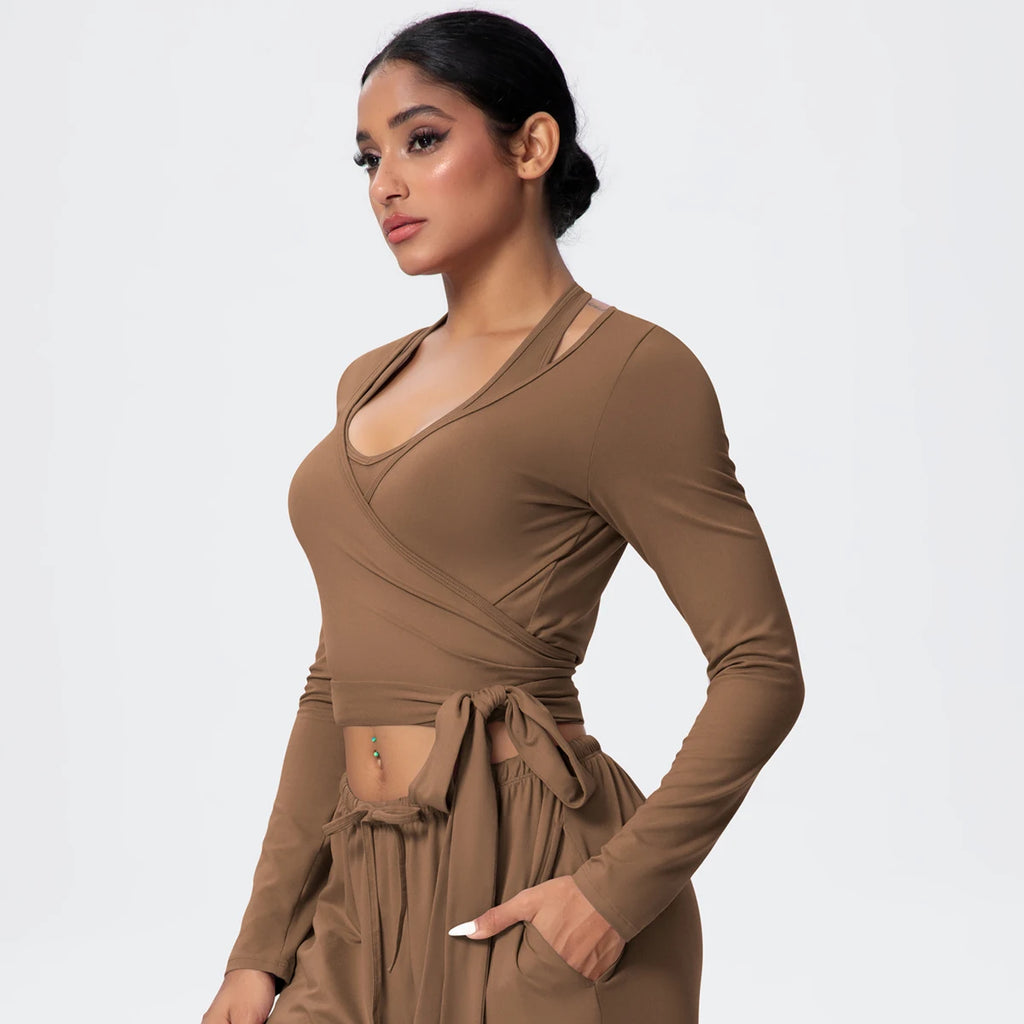 Women Slim Breathable Sports Top Women Active Wear Sports Yoga Long Sleeved Solid Color Running Shirts Straps Design Yoga Top