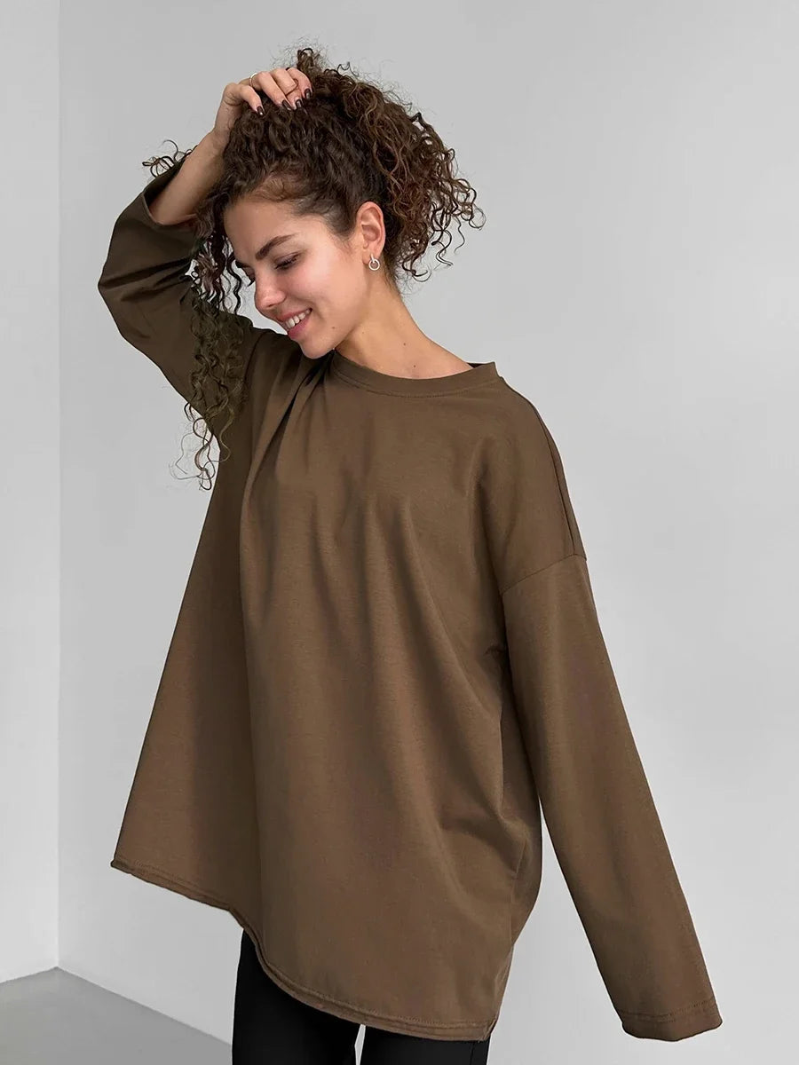 Blubelle Women Autumn 100% Cotton T-shirt Bottoming Spring Basic Fashionable Solid Lady Long Sleeve Loose Tops Shirts