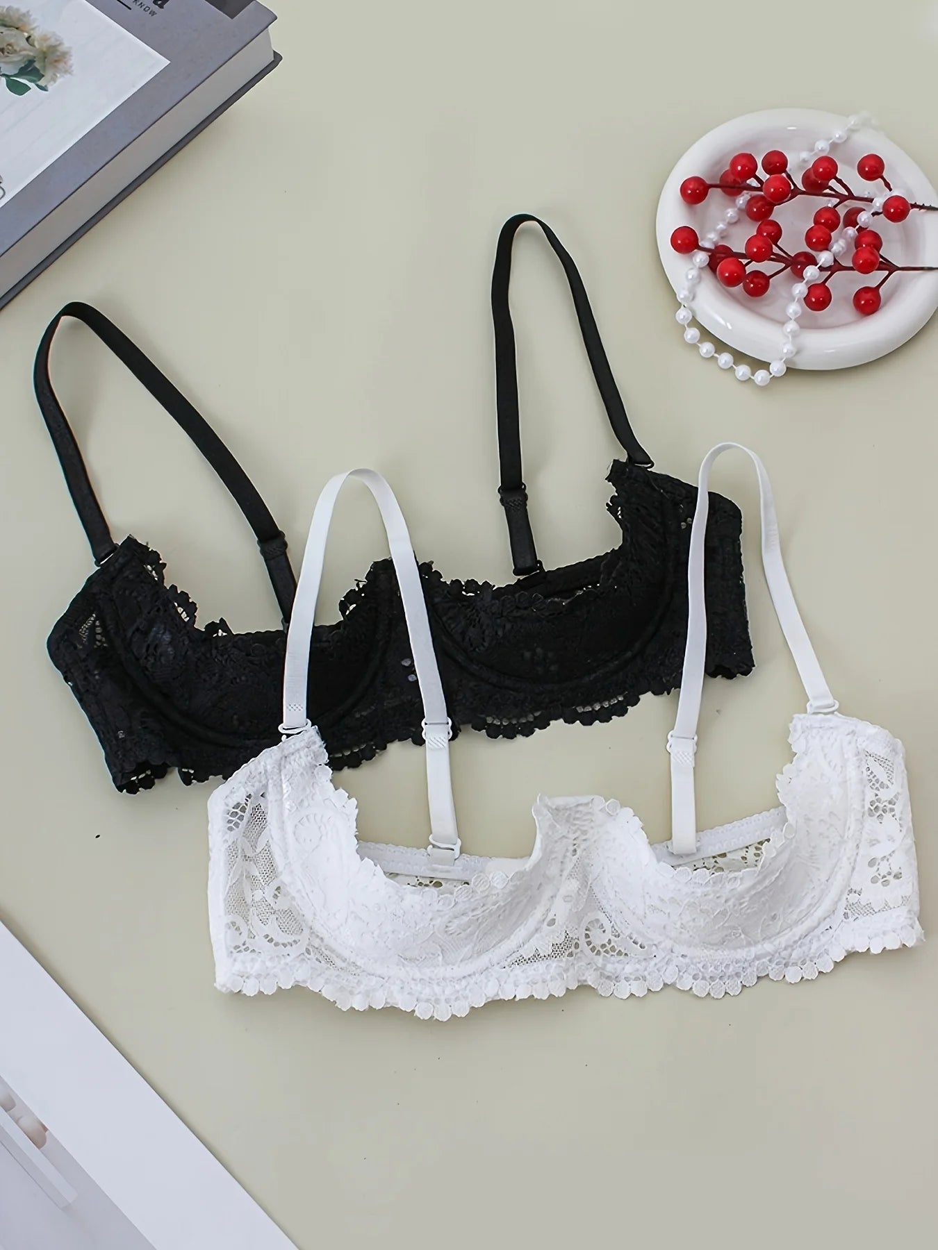2PCS Women's Lace Open-Cup Underwire Bra, Soft, Skin-Friendly, Breathable, Plus-Size Sexy Lingerie