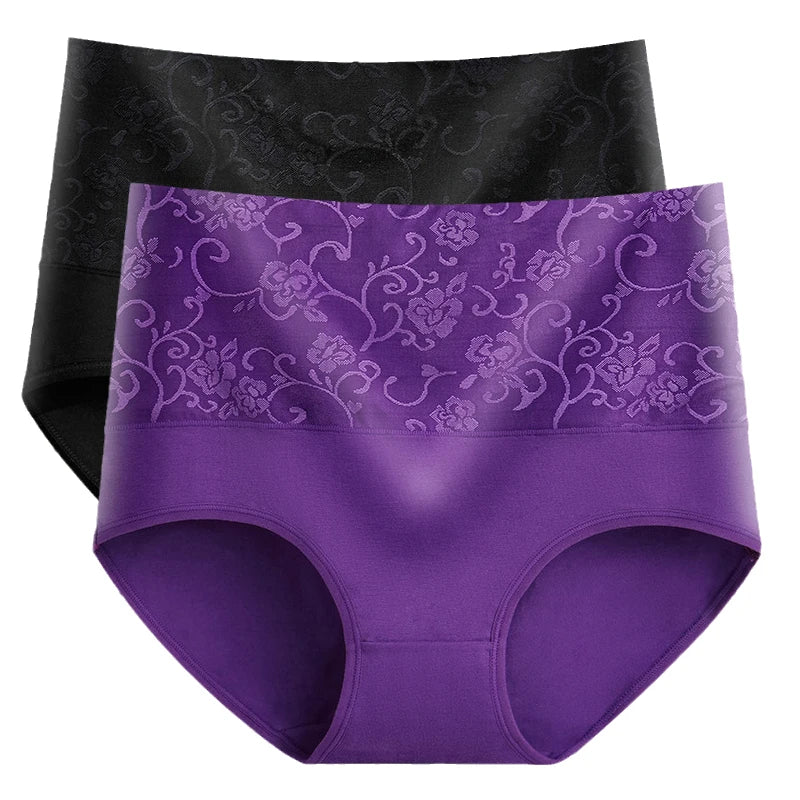 2PCS Plus Size Women's Cotton Underwear High Waisted Tummy Control Panties Full Coverage Briefs Jacquard Ladies Panty