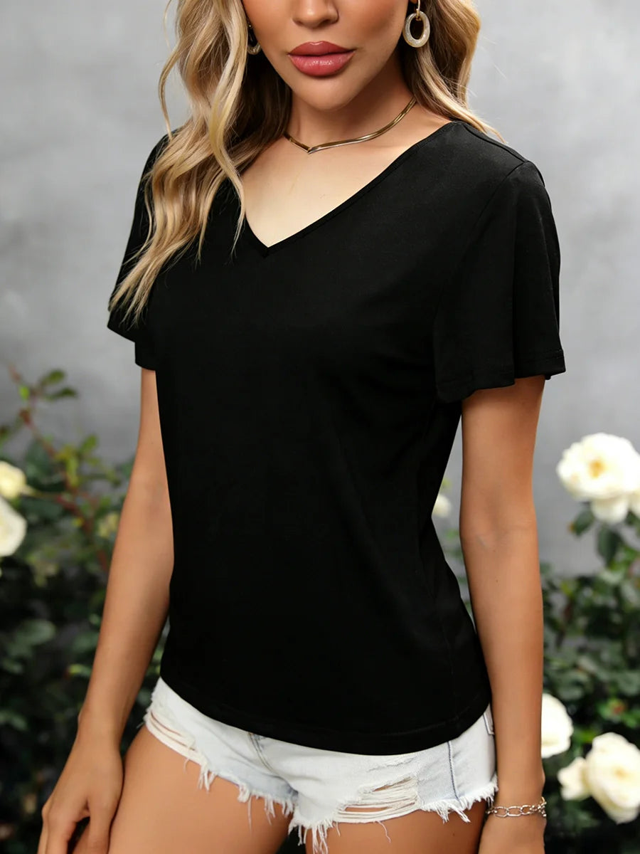 Women's Tee V Neck Short Sleeve Crisscross Back Twist Solid Relaxed Tops Sexy Tee Spring Summer Chic Tee Daily Lightweight Tops