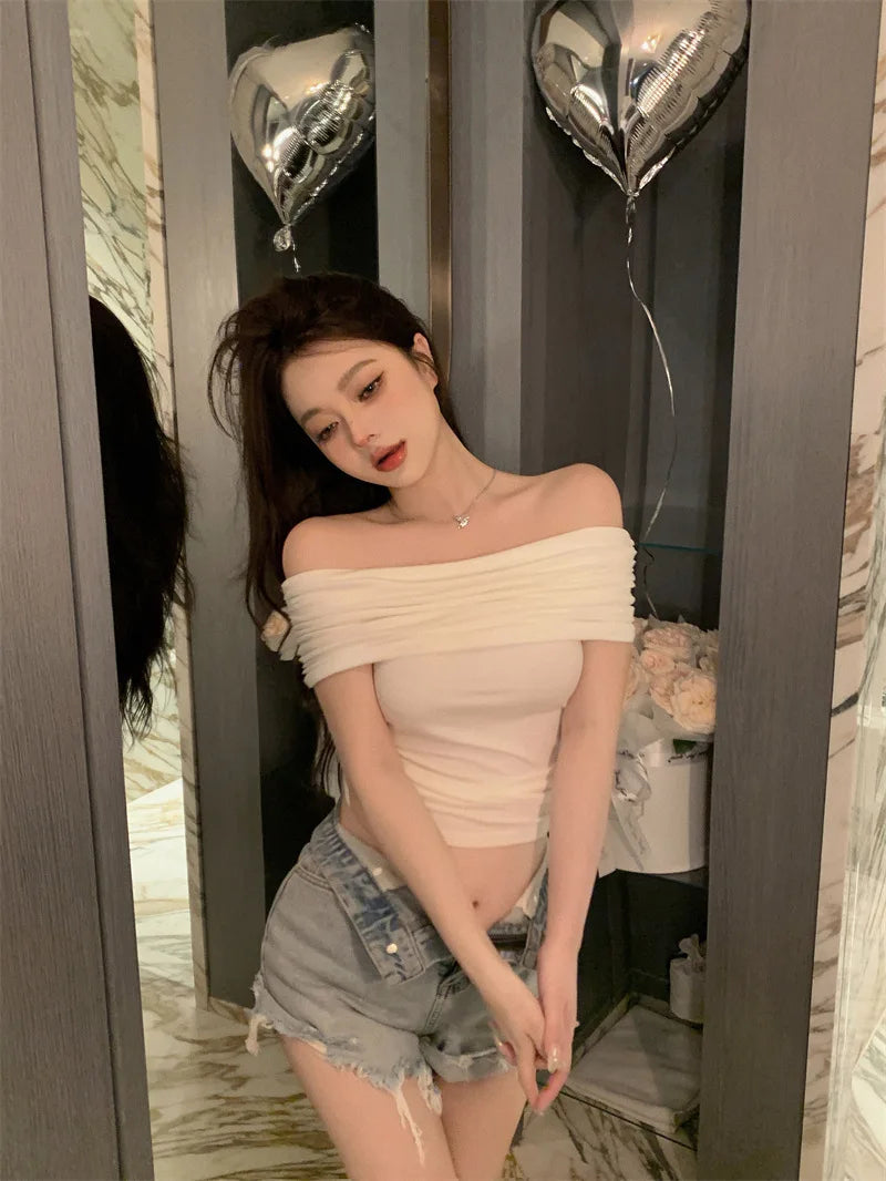 1pcs Girls Off-Shoulder T-shirt Women's Basic Fashion Tee Solid Ladys Short Sleeve Slim Tops Females Sexy Tshirts