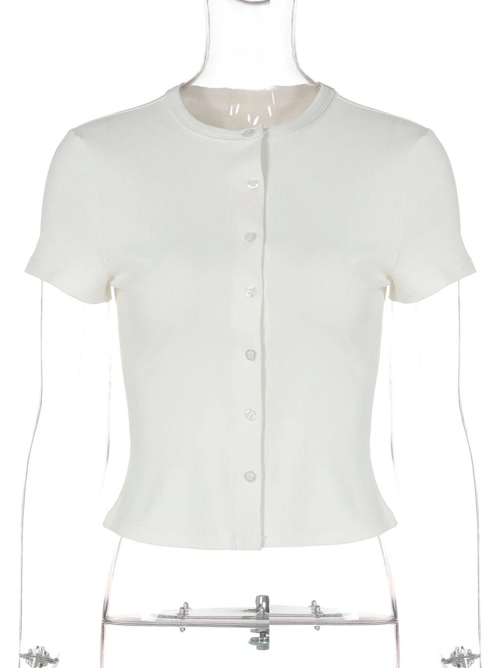 Hugcitar Fashion Solid O Neck Short Sleeve Buttons Sexy Slim Crop T-Shirt Top Summer Casual Women Clothes Streetwear Party