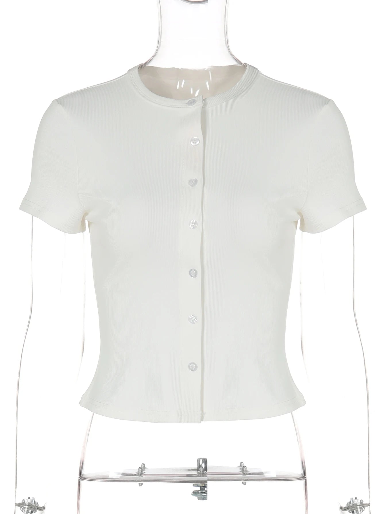 Hugcitar Fashion Solid O Neck Short Sleeve Buttons Sexy Slim Crop T-Shirt Top Summer Casual Women Clothes Streetwear Party