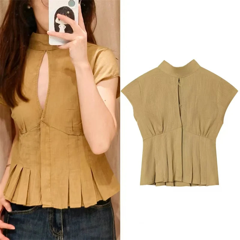 Women's Shirt 2026 Summer New Khaki Short Sleeve Bow Decorative Hollow-Out Dress Hem Shirt Casual Fashion Personality