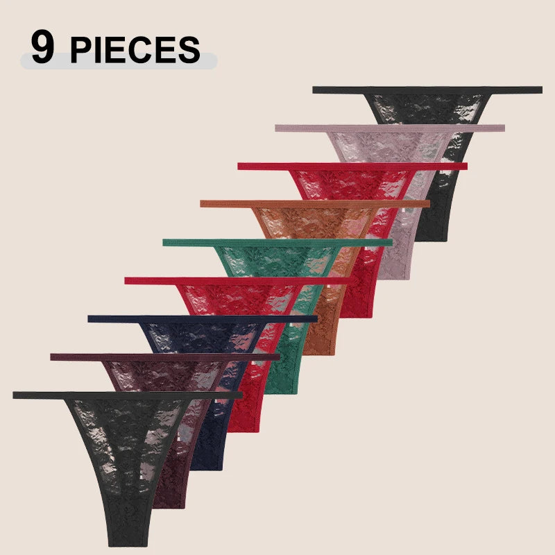 FINETOO 9Pcs Perspective T-Back Thongs Women Sexy Low Rise G-Strings Breathable Underpants Female Lace Floral Intimates Lingerie