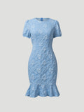 Women PuffSleeve CrewNeck LightBlue FloralJacquard RuffleHem BodyconMidi Dress Elegant Vacay Summer BeachBrunch Stretchy Dress
